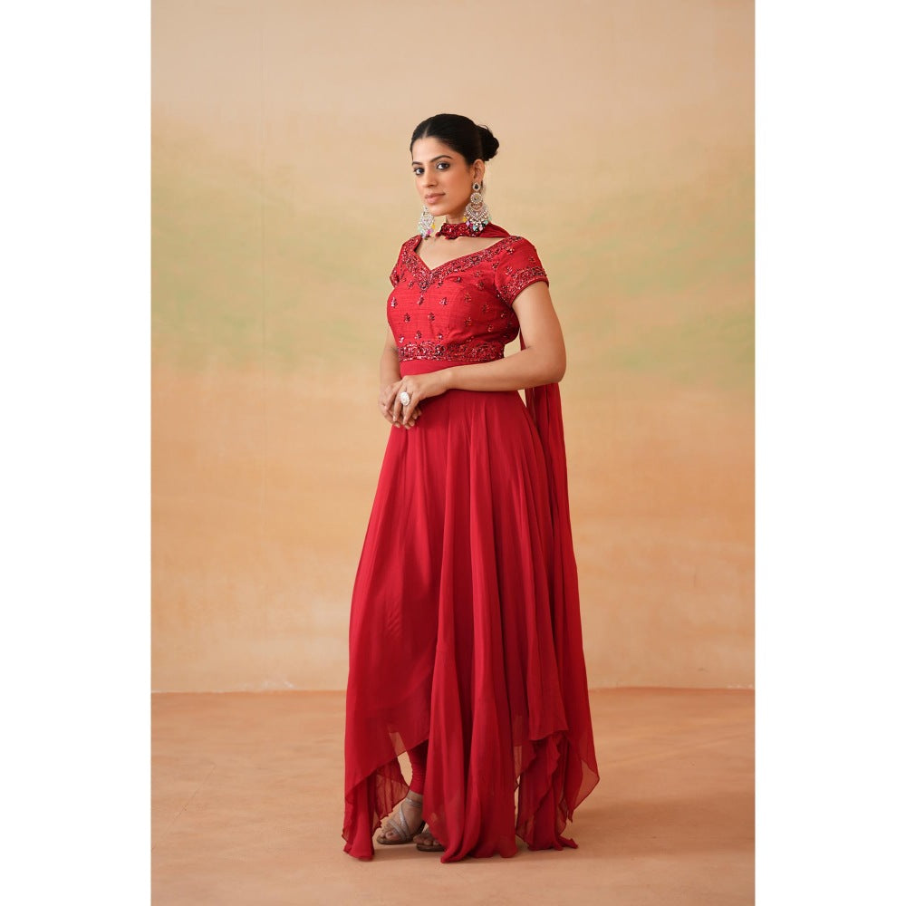 Deepika Chadha Red Embroidered Anarkali with Churidar and Choker Dupatta (Set of 3)