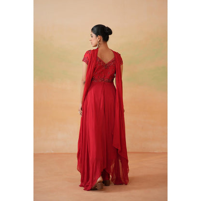 Deepika Chadha Red Embroidered Anarkali with Churidar and Choker Dupatta (Set of 3)