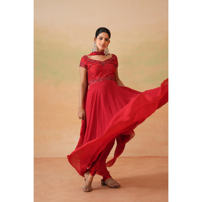 Deepika Chadha Red Embroidered Anarkali with Churidar and Choker Dupatta (Set of 3)