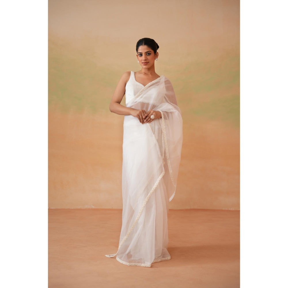 Deepika Chadha White Pre-Draped Saree with Stitched Blouse