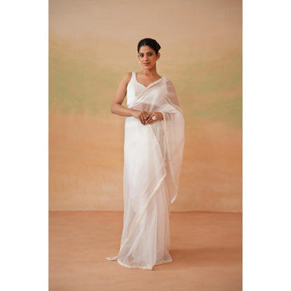 Deepika Chadha White Pre-Draped Saree with Stitched Blouse