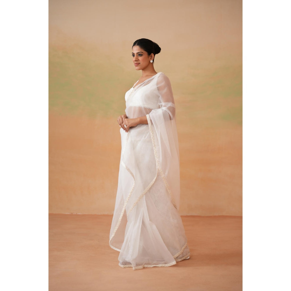 Deepika Chadha White Pre-Draped Saree with Stitched Blouse