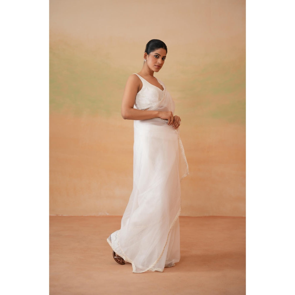 Deepika Chadha White Pre-Draped Saree with Stitched Blouse