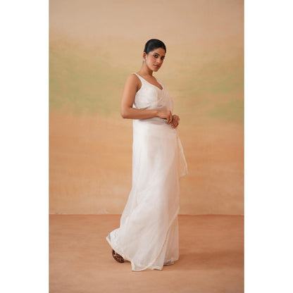 Deepika Chadha White Pre-Draped Saree with Stitched Blouse