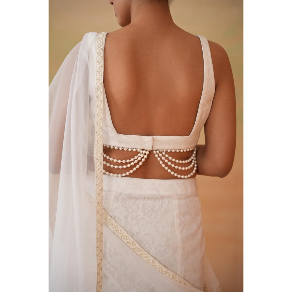 Deepika Chadha White Pre-Draped Saree with Stitched Blouse
