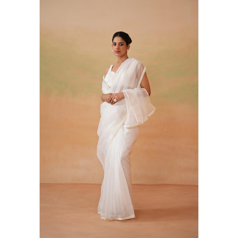 Deepika Chadha White Pre-Draped Saree with Stitched Blouse