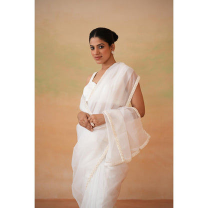 Deepika Chadha White Pre-Draped Saree with Stitched Blouse