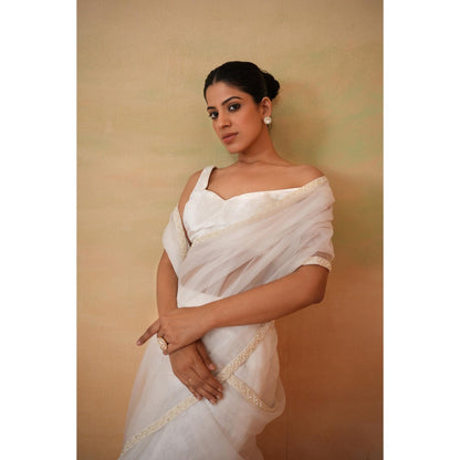 Deepika Chadha White Pre-Draped Saree with Stitched Blouse