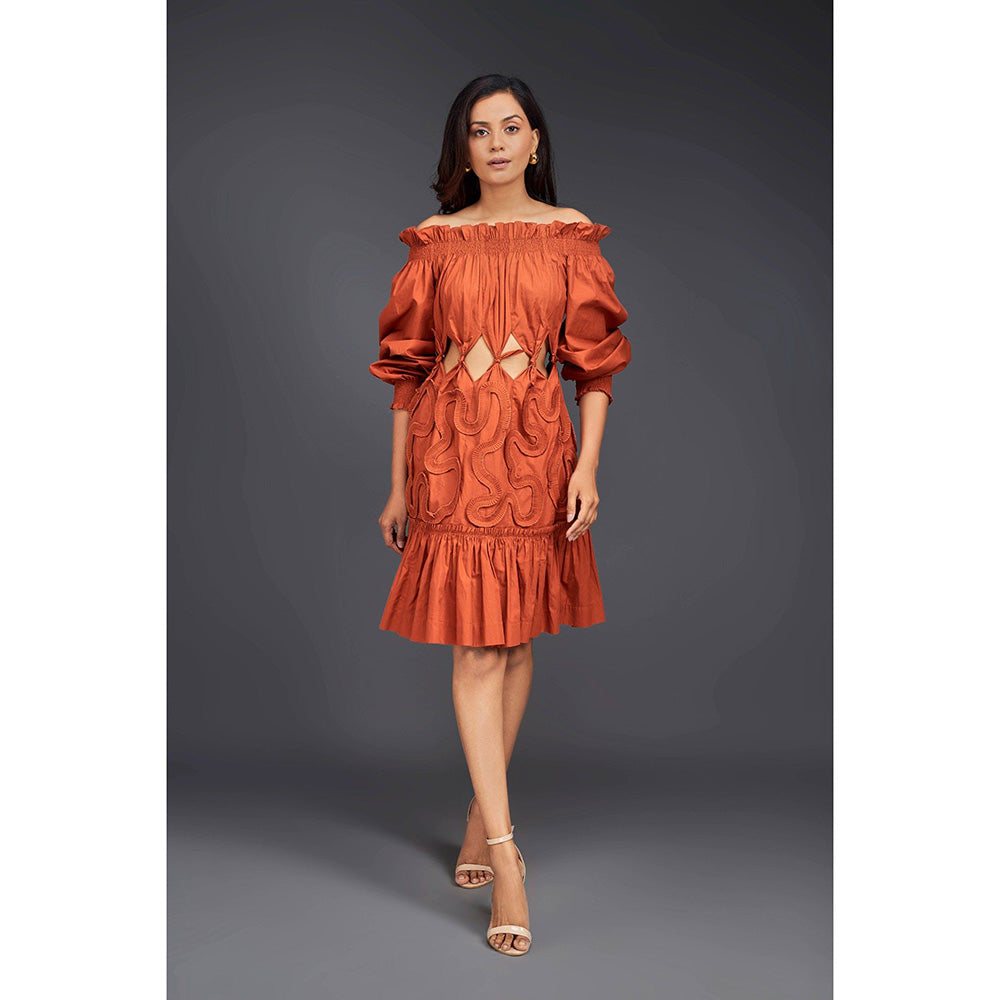 Deepika Arora Rust Off Shoulder Dress (Set of 2)