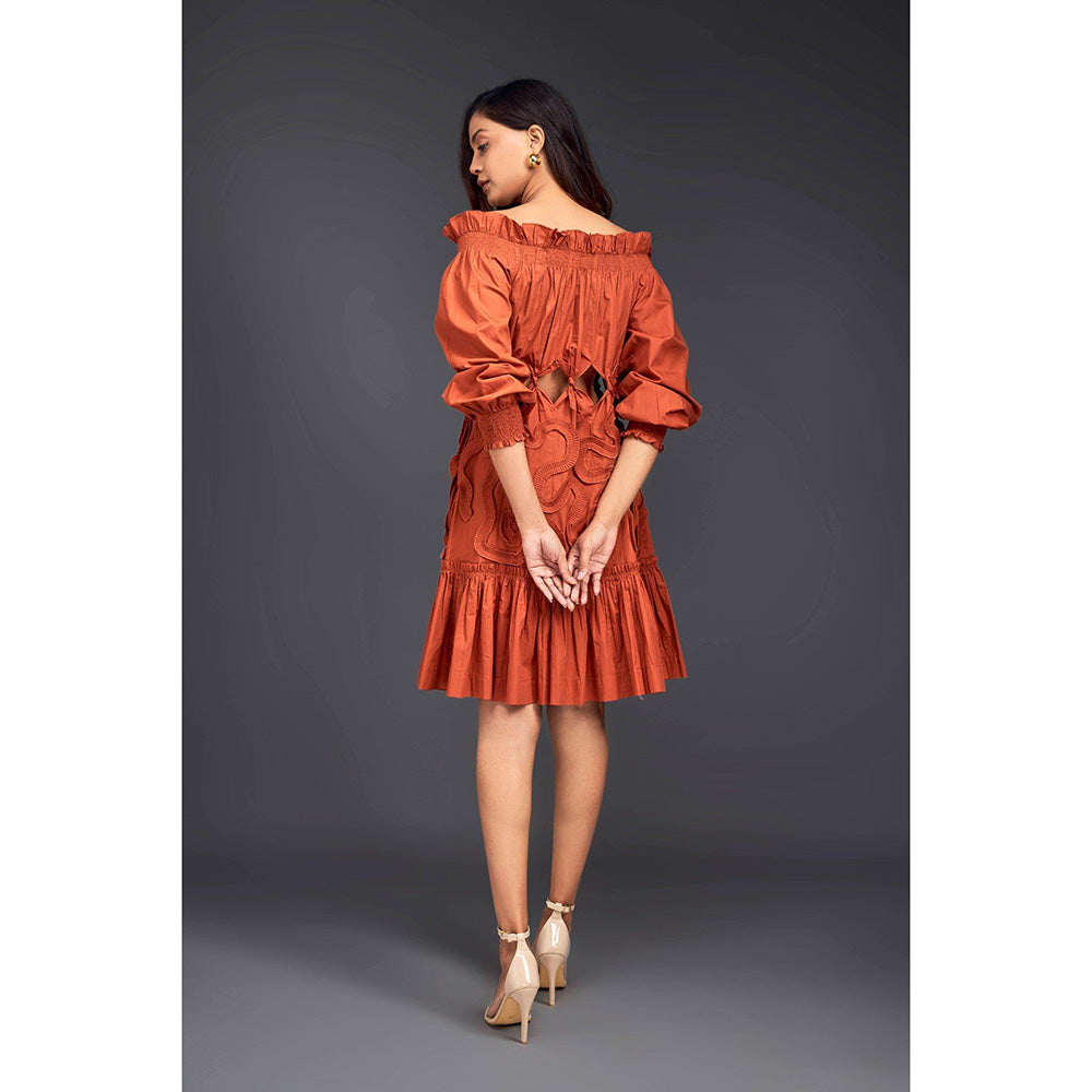 Deepika Arora Rust Off Shoulder Dress (Set of 2)