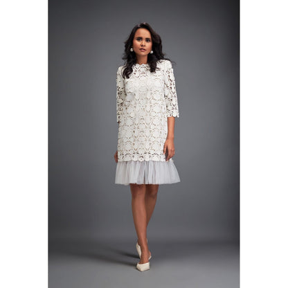Deepika Arora White Self Design Velvet Knee Length Dress