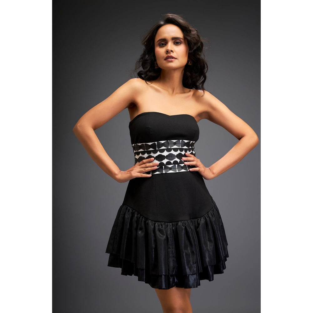 Deepika Arora Black Strapless Geometric Mini Dress with Belt (Set of 2)