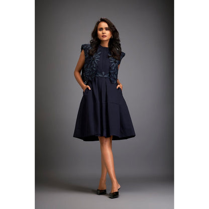 Deepika Arora Navy Blue Embroidered Knee Length Dress