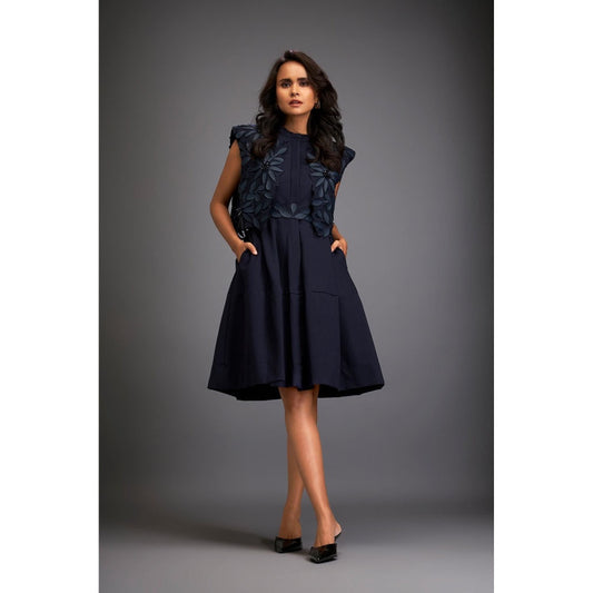 Deepika Arora Navy Blue Embroidered Knee Length Dress