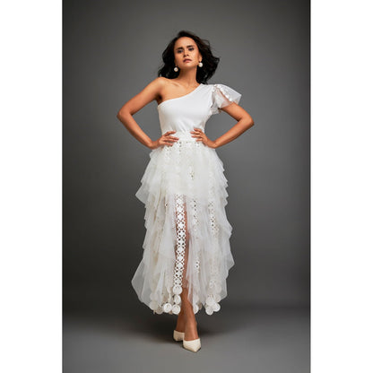 Deepika Arora Womens Self Design White Skirt With Inner (Set of 2)