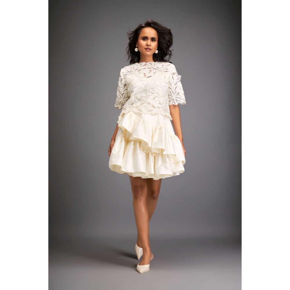 Deepika Arora Womens White Top With Skirt And Inner (Set of 3)