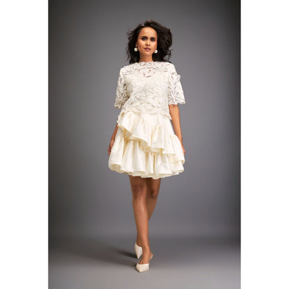 Deepika Arora Womens White Top With Skirt And Inner (Set of 3)