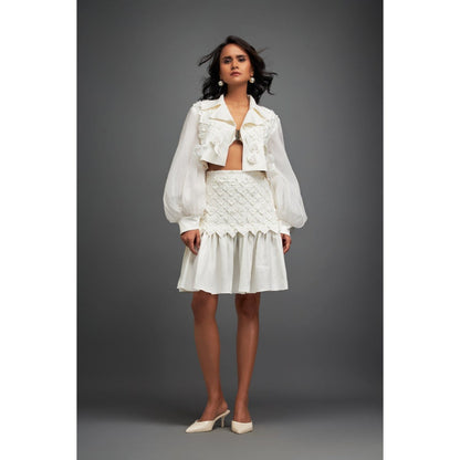 Deepika Arora White Self Design Jacket and Skirt (Set of 2)