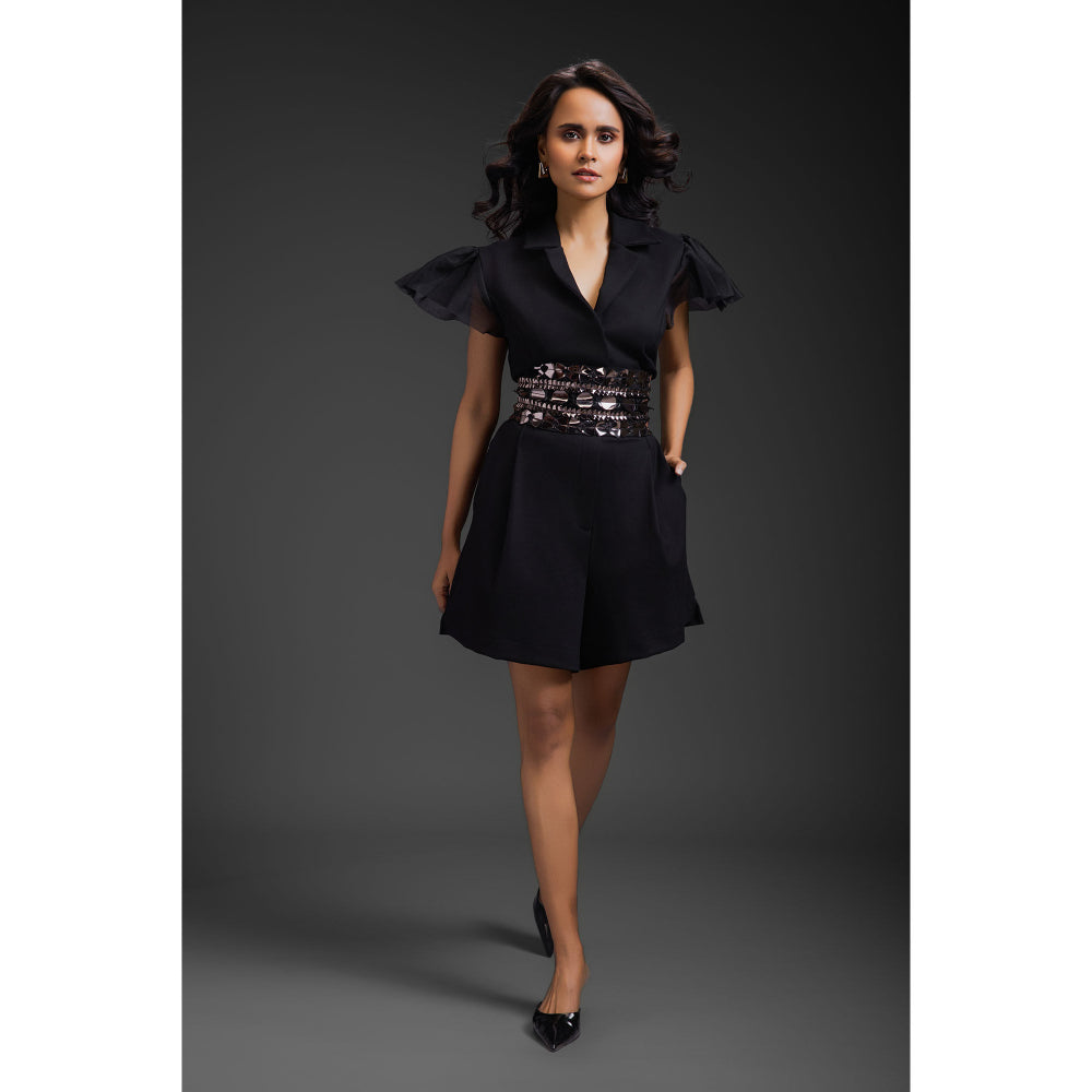 Deepika Arora Black Chic Embellished Playsuit and Belt (Set of 2)
