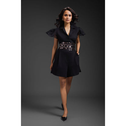 Deepika Arora Black Chic Embellished Playsuit and Belt (Set of 2)