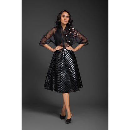 Deepika Arora Womens Black Shirt with Inner Crop Top and Skirt (Set of 3)