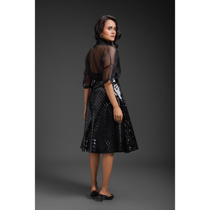 Deepika Arora Womens Black Shirt with Inner Crop Top and Skirt (Set of 3)