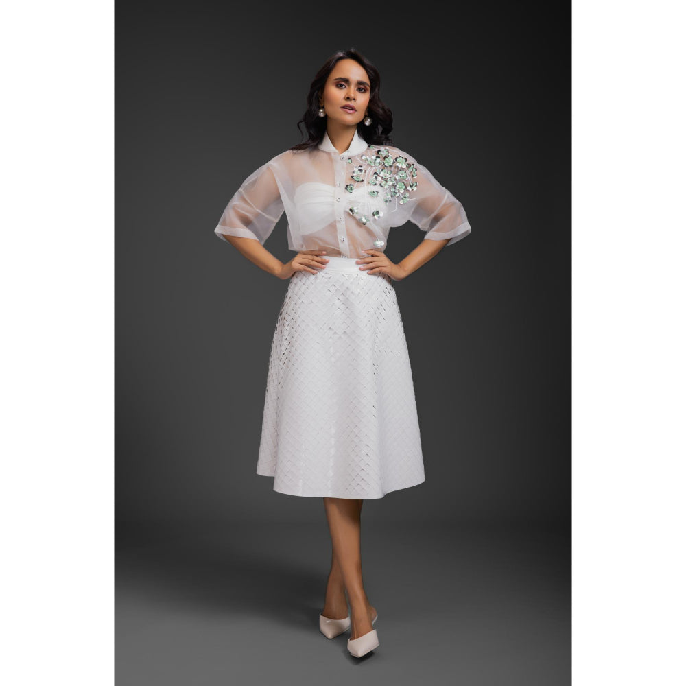 Deepika Arora Womens White Shirt with Inner Crop Top and Skirt (Set of 3)