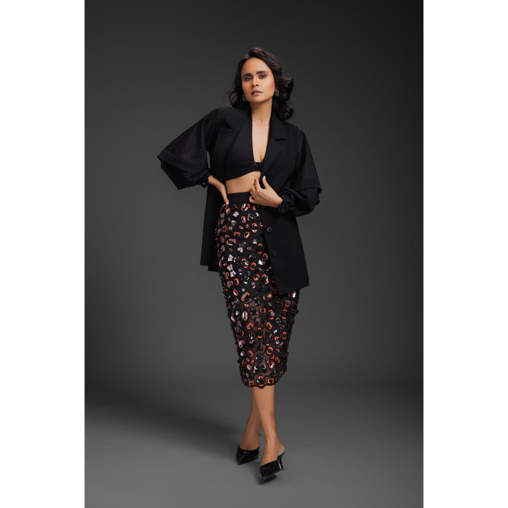 Deepika Arora Womens Black Bustier Blazer with Skirt and Inner Skirt (Set of 4)