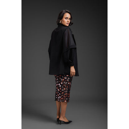 Deepika Arora Womens Black Bustier Blazer with Skirt and Inner Skirt (Set of 4)