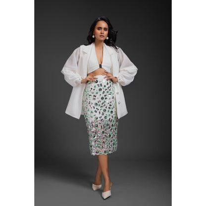 Deepika Arora Womens White Bustier Blazer with Skirt and Inner Skirt (Set of 4)