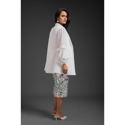 Deepika Arora Womens White Bustier Blazer with Skirt and Inner Skirt (Set of 4)