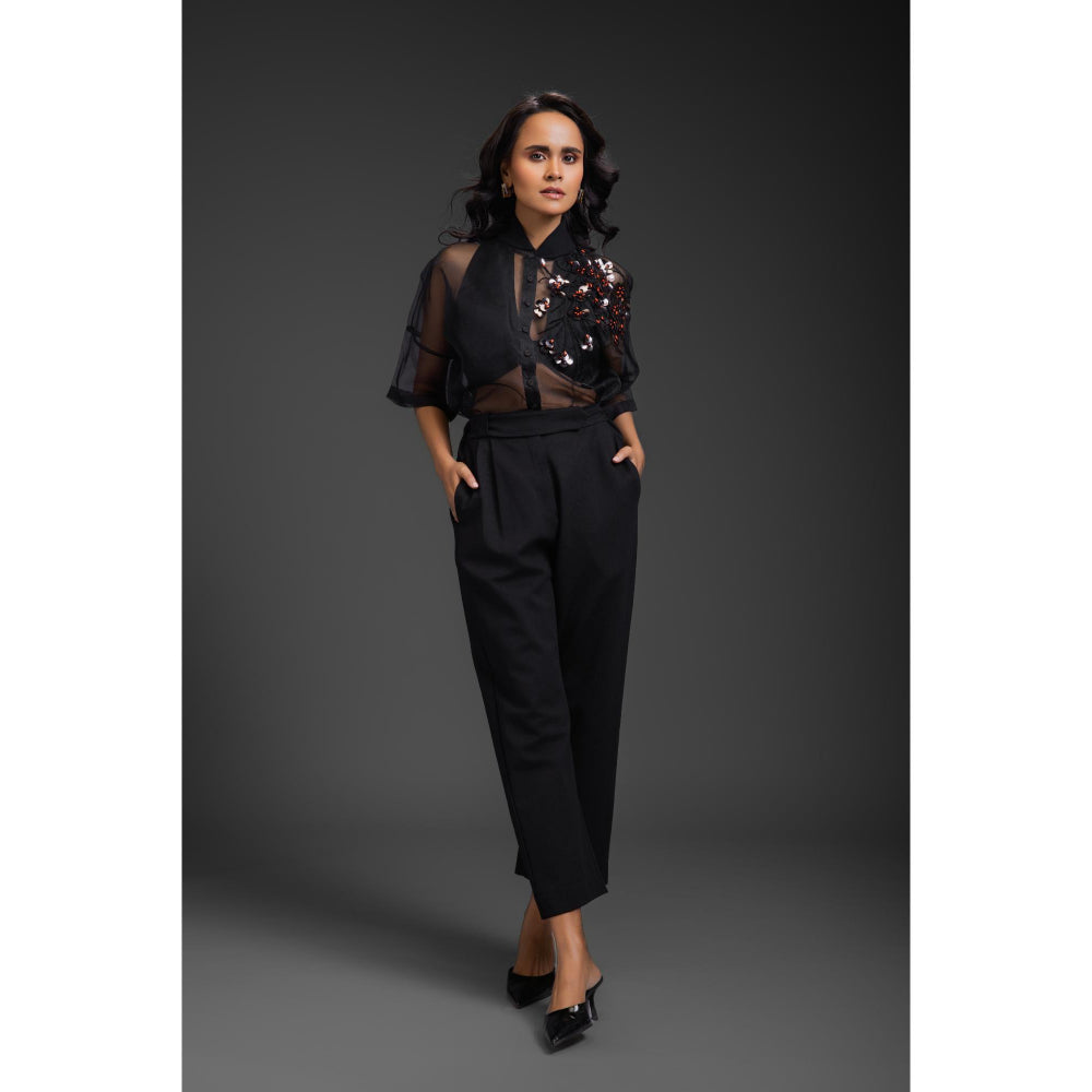 Deepika Arora Womens Black Shirt with Inner Crop Top and Pant (Set of 3)