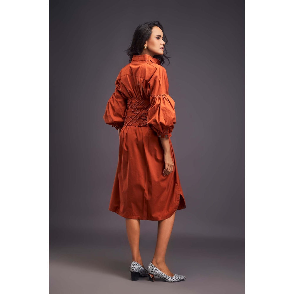 Deepika Arora Embroidered Rust Dress with Belt (Set of 2)