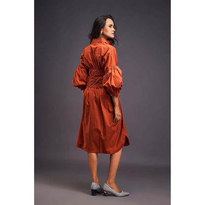 Deepika Arora Embroidered Rust Dress with Belt (Set of 2)