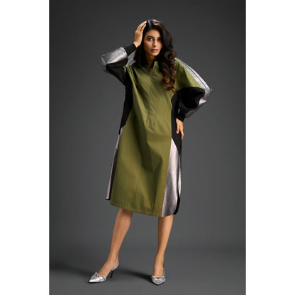 Deepika Arora Womens Colorblock Olive Dress