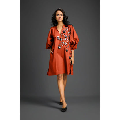Deepika Arora Womens Embroidered Rust Dress