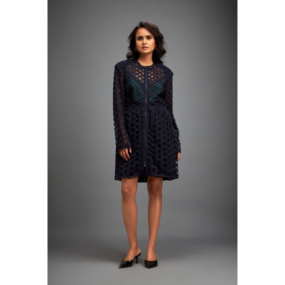 Deepika Arora Womens Self Design Navy Blue Dress, Inner (Set of 2)