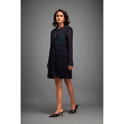 Deepika Arora Womens Self Design Navy Blue Dress, Inner (Set of 2)