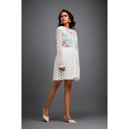 Deepika Arora Womens Self Design White Dress, Inner (Set of 2)