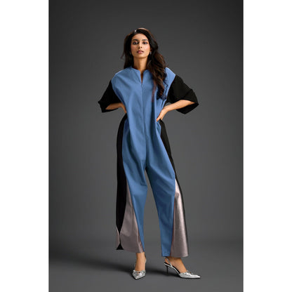 Deepika Arora Blue Colorblock Metallic Panels with Relaxed Fit Jumpsuit
