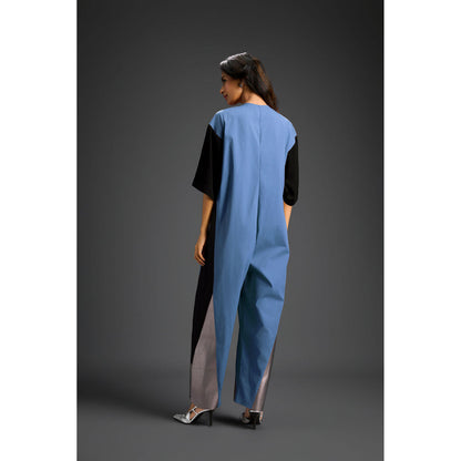 Deepika Arora Blue Colorblock Metallic Panels with Relaxed Fit Jumpsuit