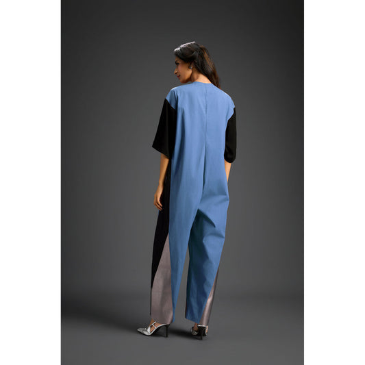 Deepika Arora Blue Colorblock Metallic Panels with Relaxed Fit Jumpsuit