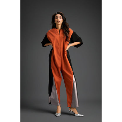 Deepika Arora Rust Colorblock Metallic Panels with Relaxed Fit Jumpsuit