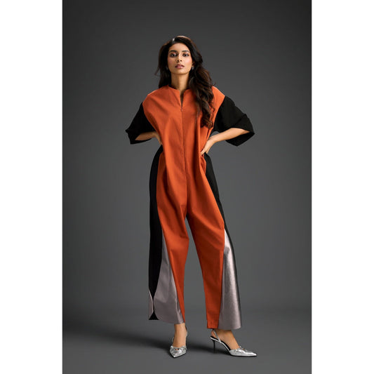 Deepika Arora Rust Colorblock Metallic Panels with Relaxed Fit Jumpsuit