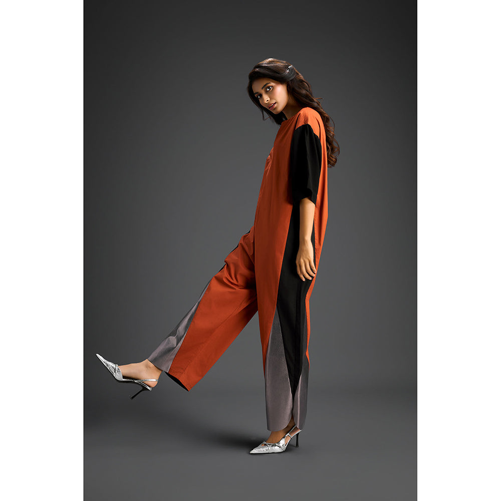 Deepika Arora Rust Colorblock Metallic Panels with Relaxed Fit Jumpsuit