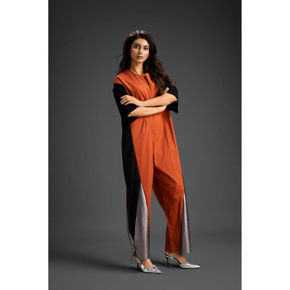 Deepika Arora Rust Colorblock Metallic Panels with Relaxed Fit Jumpsuit