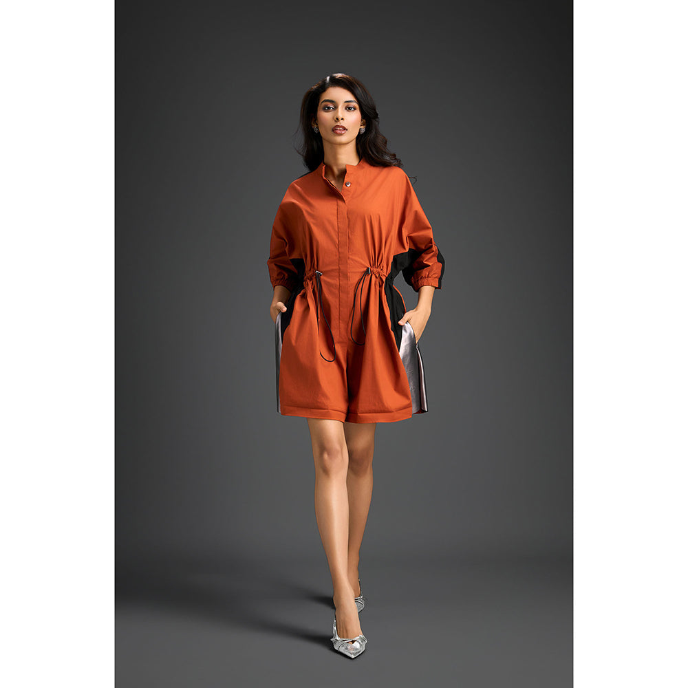 Deepika Arora Rust Drawstring Waist Metallic Side Panel Playsuit