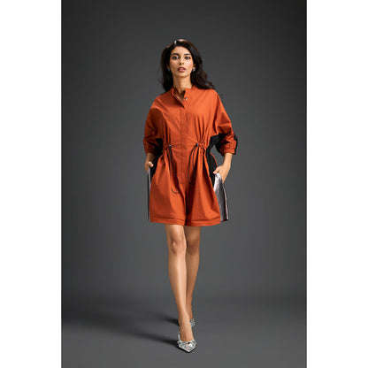 Deepika Arora Rust Drawstring Waist Metallic Side Panel Playsuit