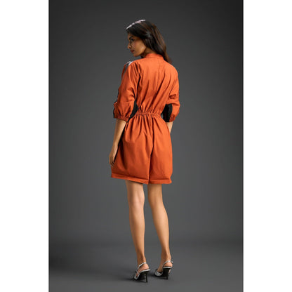 Deepika Arora Rust Drawstring Waist Metallic Side Panel Playsuit