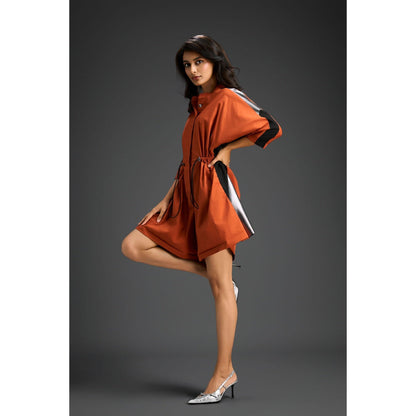 Deepika Arora Rust Drawstring Waist Metallic Side Panel Playsuit